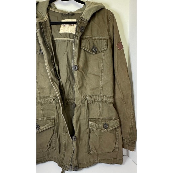 VTG‎ Hollister Utility Chore Jacket L Hood Army Green Zip Button Y2K Grunge - Picture 10 of 16